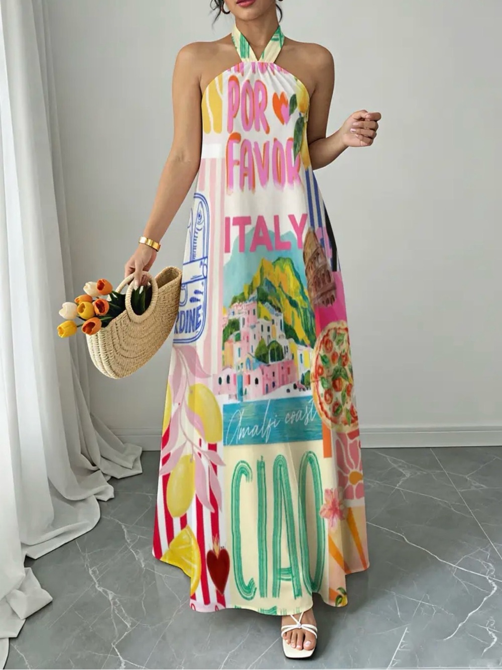 Colorful Italy Print Halter Maxi Dress in Multi - Picture 2 of 3